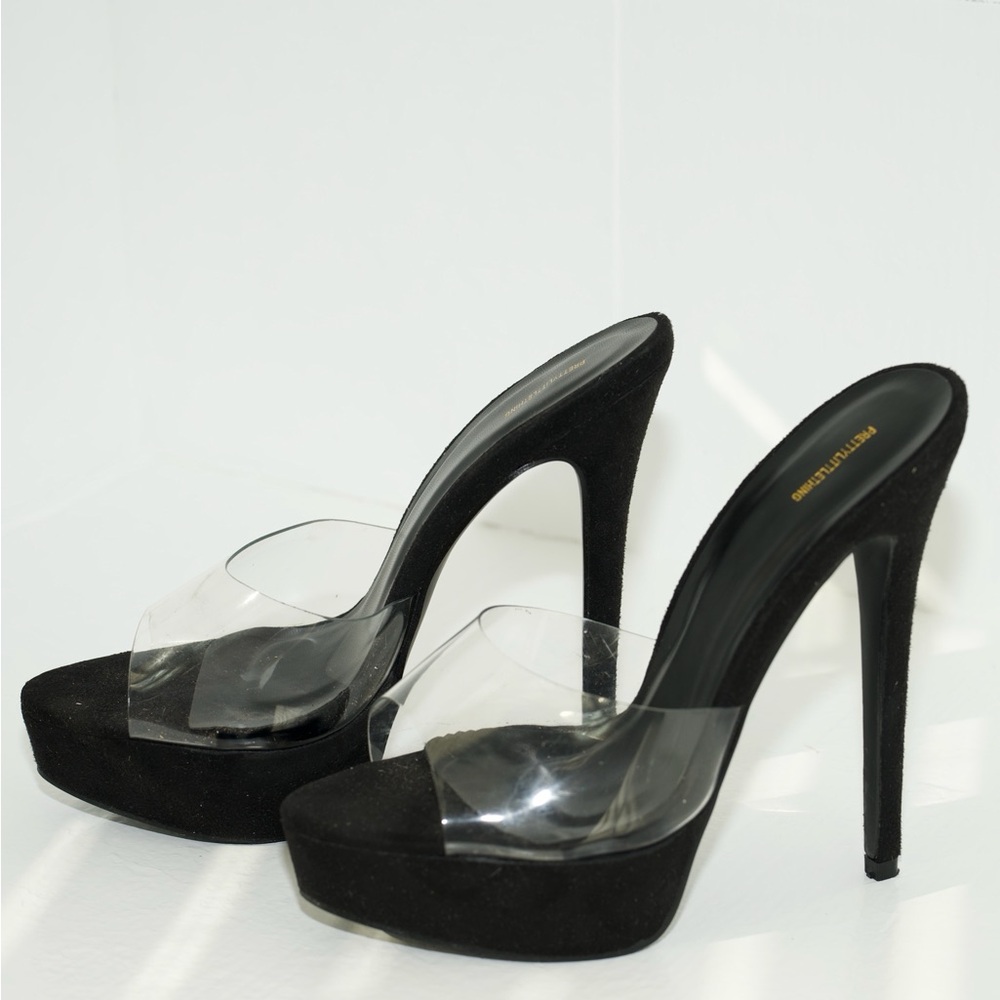 Pretty Little Thing BLACK HIGH PLATFORM CLEAR MULE SANDALS Suede PVC Size UK 6 - Picture 6 of 16